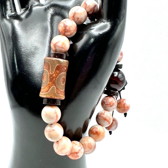 RED VEIN JASPER + 3 EYE TIBETAN AGATE NATURAL BRACELET size 7” - Picture 2 of 8